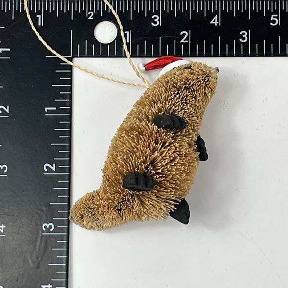 Brown Bottle Brush Animal Ornament Beaver Santa Hat 3" Rustic Holiday Hanging - Picture 6 of 6